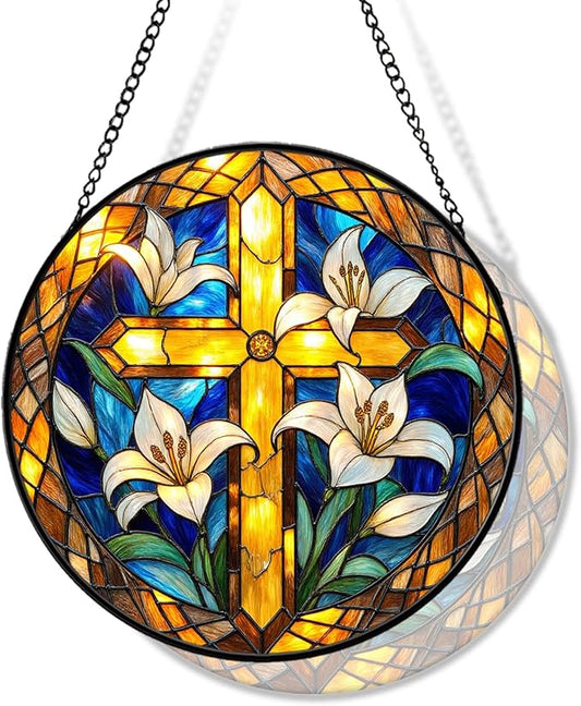 Cross Stained Glass Suncather for Window Hanging with Lily Flowes, 7.9'' Golden Christian Cross Ornament Gift for Women, Religious Wall Art Home Decor Gifts for Mom, Grandma (Golden, 7.9'')