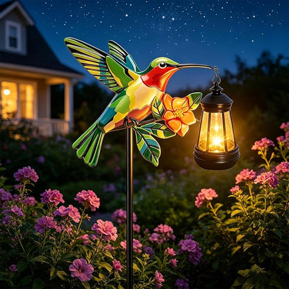 2 Pack Solar Garden Statue Figurine with Solar Lanterns Outdoor Waterproof, Green Hummingbird Hanging Solar Light, Solar Path Light Yard Art, Outside Patio Garden Decor Best Gift for Mom Grandma Women