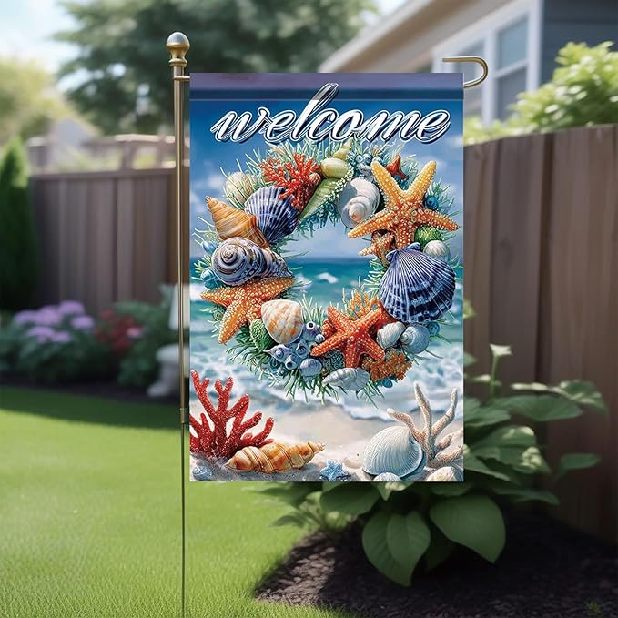 Spring Summer Garden Flag 12x18 Inch Coastal Welcome Seashell Starfish Coral Wreath Ocean Beach Design Outdoor Yard Porch Lawn for Seasonal Nautical Home Decor