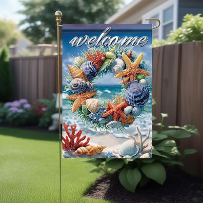 Spring Summer Garden Flag 12x18 Inch Coastal Welcome Seashell Starfish Coral Wreath Ocean Beach Design Outdoor Yard Porch Lawn for Seasonal Nautical Home Decor