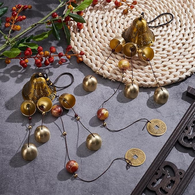 UNICRAFTALE 2Pcs Lucky Feng Shui Wind Chimes with Multiple Metal Bells Vintage Chinese Blessing Hanging Decor for Good Luck Wealth Home Garden Patio Hanging Decoration Gift 52.5cm Long