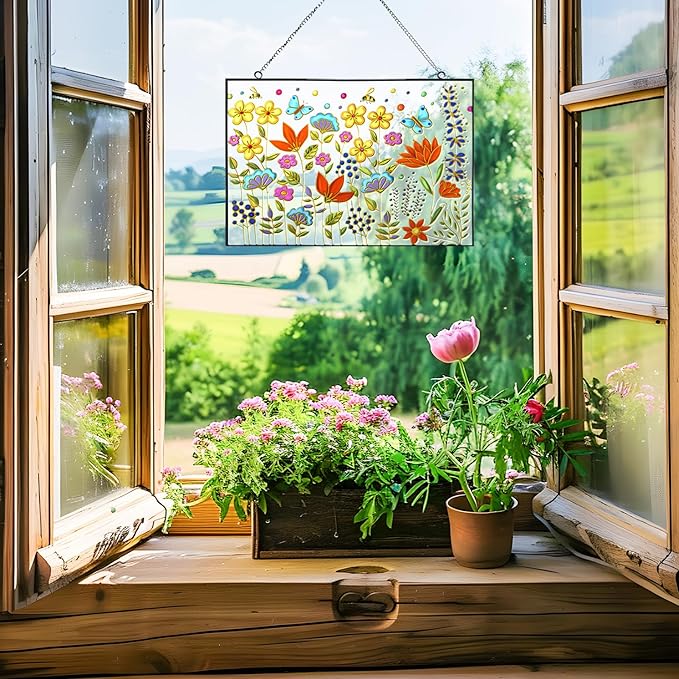 Stained Glass Window Hanging Suncatcher 12.6 Inch Colorful Wildflower Sun Catchers for Window Door Wall Art Home Decoration Christmas Hanging Ornament Gift for Women Mom Grandma Plant Lover