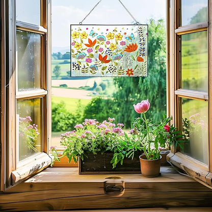 Stained Glass Window Hanging Suncatcher 12.6 Inch Colorful Wildflower Sun Catchers for Window Door Wall Art Home Decoration Christmas Hanging Ornament Gift for Women Mom Grandma Plant Lover
