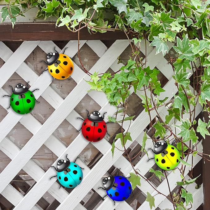 Surakey Metal Garden Decor for Outside Cute Ladybugs Yard Art Lawn Ornaments Wall Sculptures & Statues Iron Ladybug Wall Decoration Outdoor Fence Decorations for Patio Park (Red)