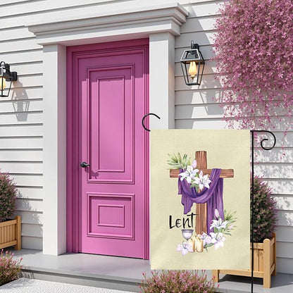 Lent Garden Flag 12x18 Inch Christian Easter Yard Flags with Cross Purple Cloth Lilies and Candles Religious Spring Outdoor Banner for Ash Wednesday Resurrection Faith Church Home Porch Decor