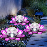LEWIS&WAYNE Solar Garden Lights Outdoor, 3 Pcs Purple Lotus Flower Pathway Lamps with Cool White Crackle Glass Globe Led Lights for Patio Pathway Yard Balcony Garden Decorations