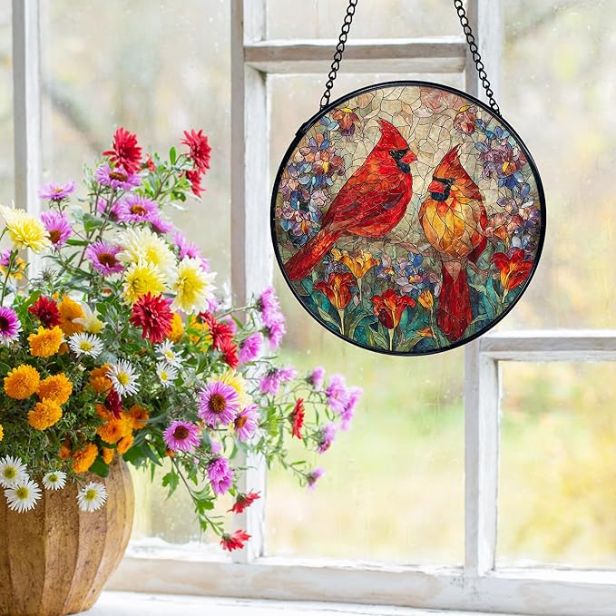Cardinal Suncatchers Stained Glass Window Hanging, Cardinal Gifts for Women,Red Flower Sun Catchers Indoor Window Glass Round Wall Decor, 7.9x7.9in