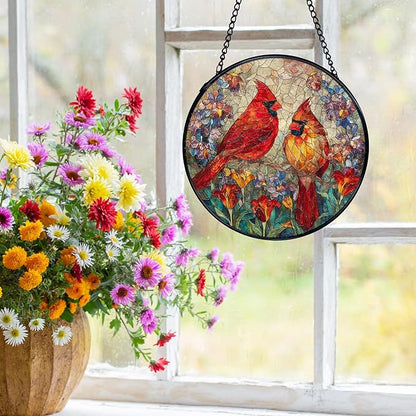 Cardinal Suncatchers Stained Glass Window Hanging, Cardinal Gifts for Women,Red Flower Sun Catchers Indoor Window Glass Round Wall Decor, 7.9x7.9in