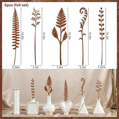 5 Pcs 14.2'' Longer Rusty Metal Flowers and Plants, Rustic Metal Fern Leaf Garden Stakes, Rusty Plant Shaped Decoration for Flower Arrangement Potted Plants Outdoor Lawn Yard Courtyard Art