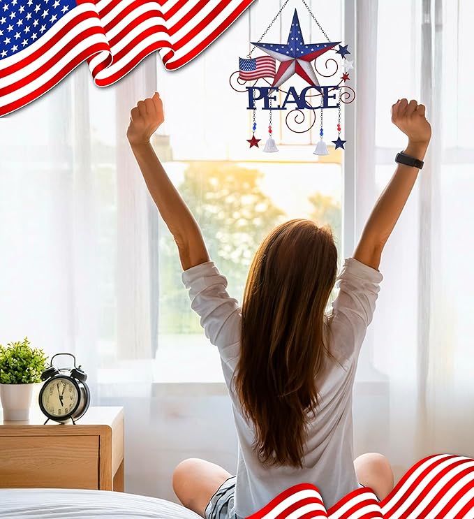CoTa Global USA Flag Peace Wind Chime - American Flag Patriotic Indoor or Outdoor Windchime Home Decor with Hanging Bells, Handcrafted Glass and Metal Wind Chimes for Yard, Garden, Porch - 20 Inches