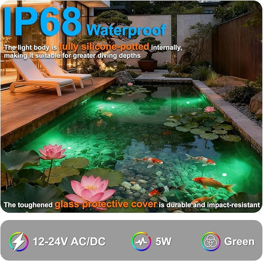 5W Submersible LED Pond Lights, Green Color 12V Wired Low Voltage Outdoor Underwater Spot Lights for Pond Fountain Waterfall, 45° Beam Angle, IP68 Waterproof Stainless Steel, Black, 6PK