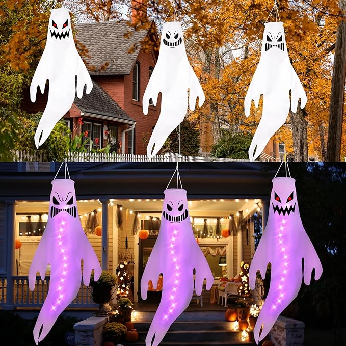 Geefuun 3PCS Purple Halloween Fierce Ghost Windsocks Hanging Decorations - 43 Inch Flag Wind Socks for Home Yard Outdoor Decor Party Supplies (Batteries Not Included,No Timer)
