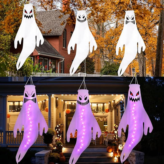 Geefuun 3PCS Purple Halloween Fierce Ghost Windsocks Hanging Decorations - 43 Inch Flag Wind Socks for Home Yard Outdoor Decor Party Supplies (Batteries Not Included,No Timer)