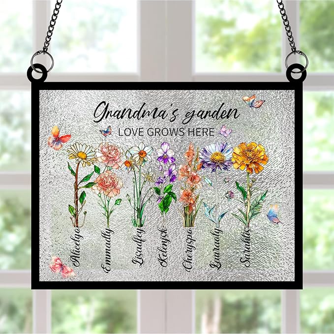 Personalized Grandmas Garden Stained Glass Suncatchers, Custom Name Birth Month Flowers Window Hanging Ornament, Mothers Day Christmas Birthday Gifts for Grandma Mom Nana Mimi (Rectangle 1)