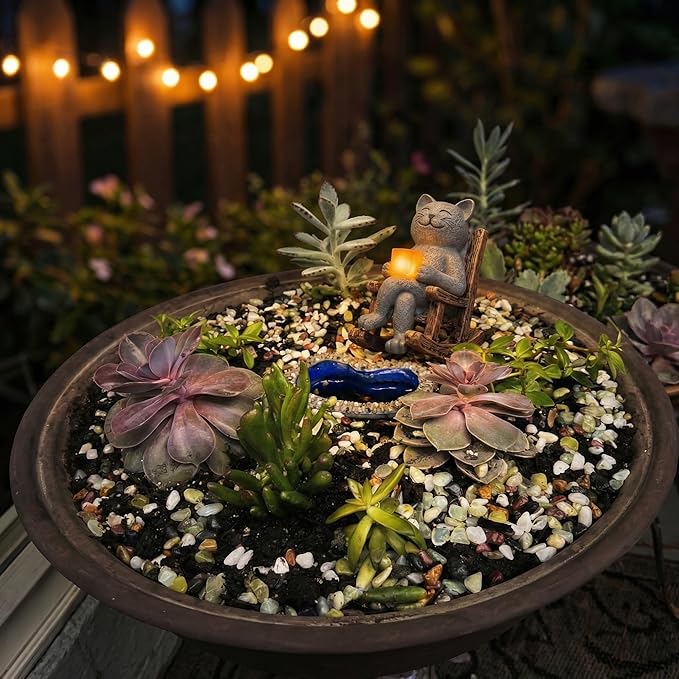 Lyeasw Cat Solar Garden Statues - Outdoor Decor for Patio, Lawn, Yard, Porch- Miniature Cute Cat Outdoor Figurine with LED Lights - Housewarming Birthday for Women, Mom, Cat Lovers