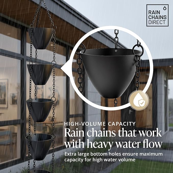 Rain Chains Direct Cascading Bowls Rain Chain - Heavy Rain Flow - for 8-10 Foot Drops - Heavy Duty - Large Cups - Durable Flat-Black Powder-Coated Aluminum - Premium Rain Chains for Gutters