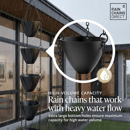 Rain Chains Direct Cascading Bowls Rain Chain - Heavy Rain Flow - for 8-10 Foot Drops - Heavy Duty - Large Cups - Durable Flat-Black Powder-Coated Aluminum - Premium Rain Chains for Gutters