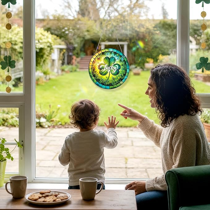 Shamrock Suncatcher Stained Glass Ornaments - 7.87 Inches St. Patrick's Day Clover Window Hanging Decoration, Irish Sun Catcher Home Art Decor for Festival, Gifts for Women Men (Lucky)