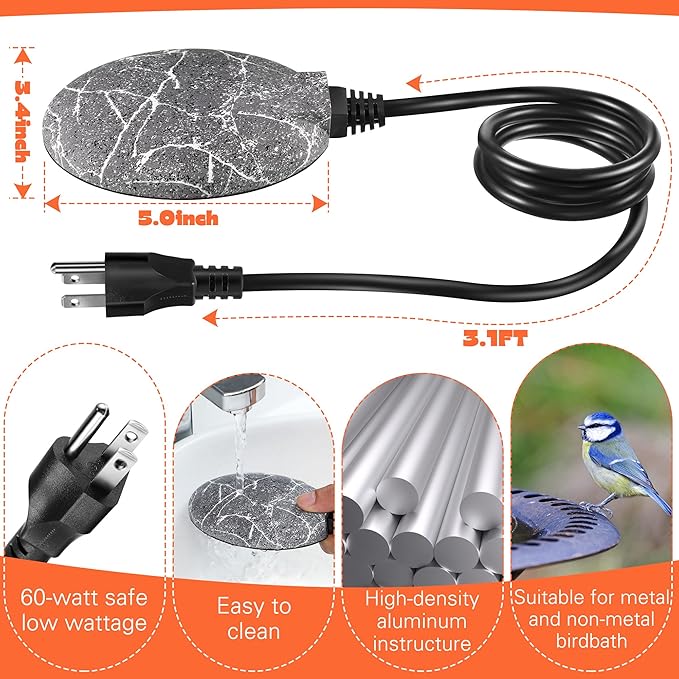 2 Pack Upgrade Bird Bath Heater for Outdoors in Winter, Pond Deicer 60 Watts Birdbath Deicer Water Heater Thermostatically Controlled with Auto Shut off Function for Patio Lawn (Frosted Gray)