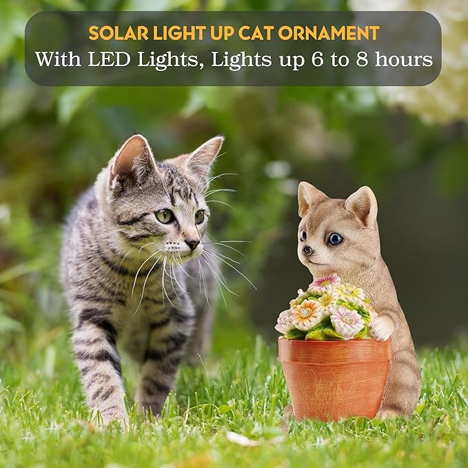 Muldale Cat Solar Light - Cat Garden Statue Outdoor - Solar Powered Cat Garden Decor for Outside - Hand Painted Floral Plant Pot Light Up Cat, Brown