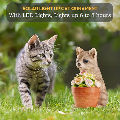 Muldale Cat Solar Light - Cat Garden Statue Outdoor - Solar Powered Cat Garden Decor for Outside - Hand Painted Floral Plant Pot Light Up Cat, Brown