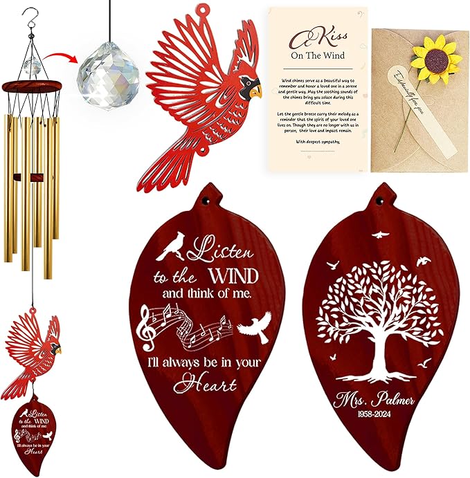Personalized Crystal Memorial Wind Chimes Loss of Mom Dad Nana Papa Sympathy Ornament Cardinal Bird Keepsake Weatherproof Remembrance Gift in Memory Loved Ones for Window Outdoor Garden Decor