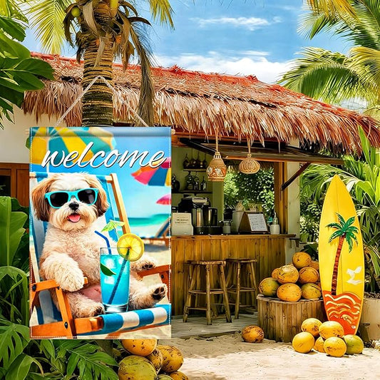 BlissYard Welcome Summer Shih Tzu Garden Flag 12x18 Double Sided Vertical Outdoor Decor Beach Chair Dog Yard Lawn Patio Tropical Poolside Banner