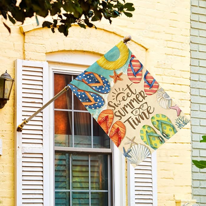 AVOIN colorlife Summer Beach Flip Flops House Flag 28x40 Inch Double Sided, Welcome Seasonal Coastal Burlap Yard Outdoor Decoration