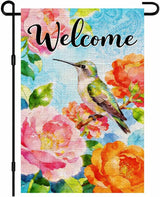 IVN Welcome Hummingbird Garden Flag 12x18 Inch – Colorful Floral Peony Spring Summer Outdoor Flag, Double Sided Burlap Farmhouse Yard Flag for Porch Lawn Patio Decor