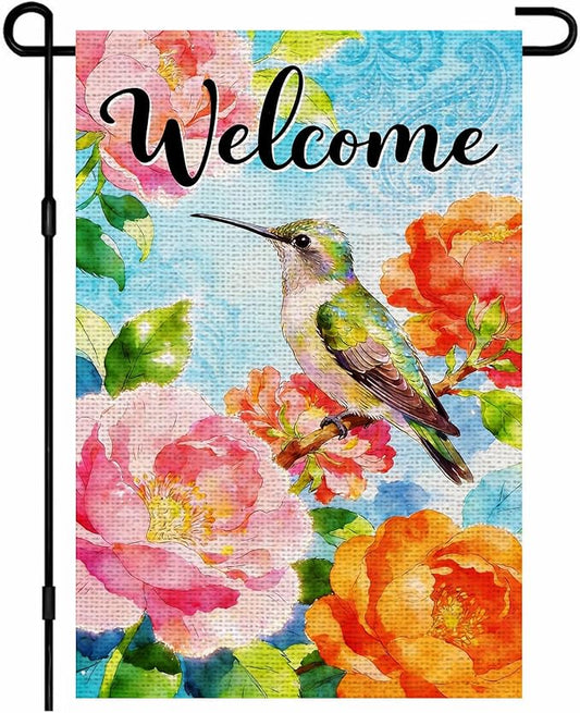 IVN Welcome Hummingbird Garden Flag 12x18 Inch – Colorful Floral Peony Spring Summer Outdoor Flag, Double Sided Burlap Farmhouse Yard Flag for Porch Lawn Patio Decor