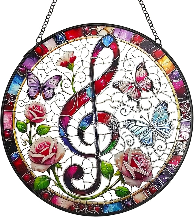 Treble Clef Stained Glass Window Hanging, 7.9'' Musical Note Suncatcher Window Decoration Music Lover Gifts