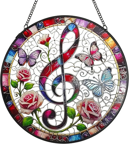 Treble Clef Stained Glass Window Hanging, 7.9'' Musical Note Suncatcher Window Decoration Music Lover Gifts