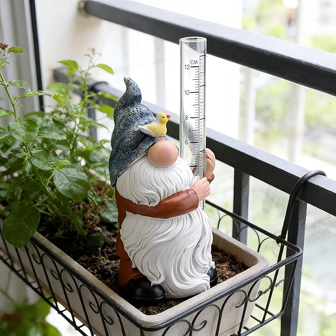 Rain Gauge Outdoor, 8Inch Resin Garden Gnome Rain Gauge Hand Painted Gnome Statue with Plastic Gauge, Decorative Yard Gnome for Outdoor Garden Yard Lawn Decor
