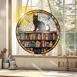 VAIIEYO Book Sun Catcher Stained Glass Window Hanging Ornament, Handmade Sun Catcher Black Cat Animal Decoration with Hooks for Window Garden Home, Christmas & Birthday Housewarming Gift (7.8 inch)