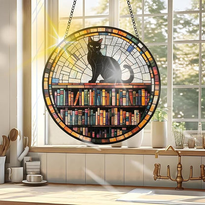 VAIIEYO Book Sun Catcher Stained Glass Window Hanging Ornament, Handmade Sun Catcher Black Cat Animal Decoration with Hooks for Window Garden Home, Christmas & Birthday Housewarming Gift (7.8 inch)