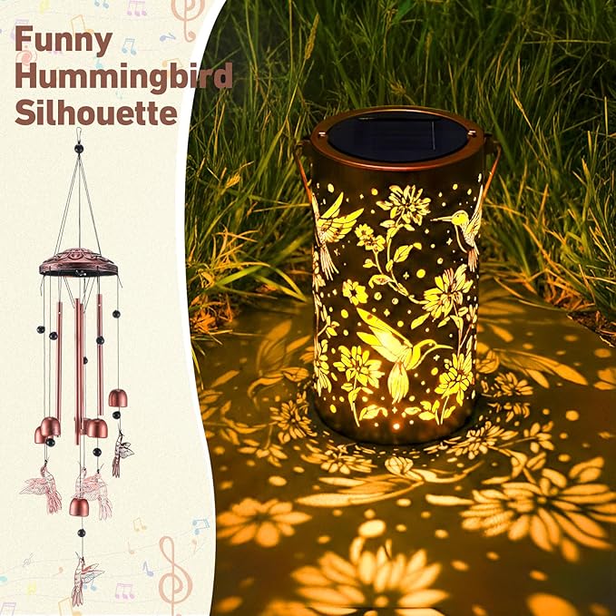 Retisee Hummingbird Solar Wind Chimes Outdoor Metal Hummingbird Gifts Solar Light Windchimes Outside Indoors Christmas Decoration Birthday Gift for Home Lawn Porch Patio Garden Yard