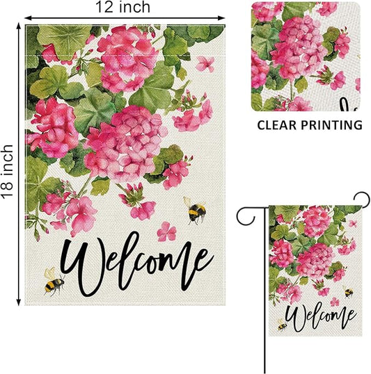 Welcome Spring Summer Geranium Decorative Garden Flag, Pink Floral Flowers Bees Yard Outside Decorations, Seasonal Burlap Outdoor Small Home Decor Double Sided 12 x 18