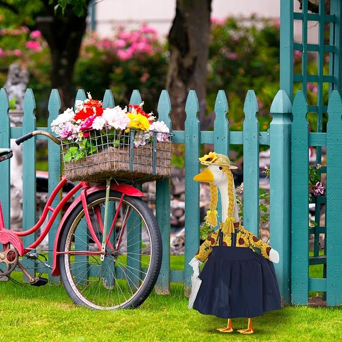 FuWeave Spring Sunflower Goose Outfit for 23'' Cement Statue Porch Goose Clothes Flower Dress and Straw Hat for Large Statue Summer Outdoor Garden Patio Yard Lawn Art Decoration