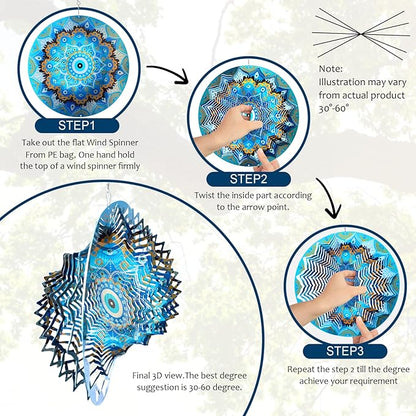 Aoedelyart Wind Spinners Outdoor Mandala Peacock Blue Eye‌,12In Stainless Steel Wind Spinner Hanging Garden Decor,Garden Gifts for Women,Men,Mother,Father,Wind Sculptures 3D Kinetic Yard Art Ornament