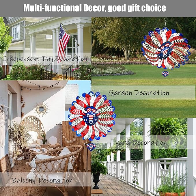 Sunflower American Flag Cow Patriotic Wind Spinners Outdoor for Yard and Garden,12 Inch 3D Stainless Steel Metal Hanging Kinetic Wind Sculpture, Independence Day Decor Indoor Art