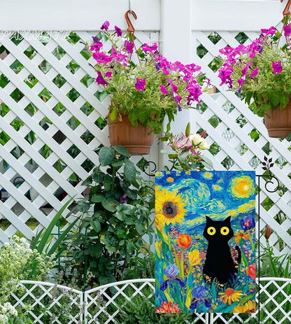 Oil Painting Starry Night Sky Moon Cat Flowers Spring Garden Flag 12x18 Inch Double Sided Small Burlap Yard Flag Seasonal Farmhouse Outdoor Outside Holiday Decoration