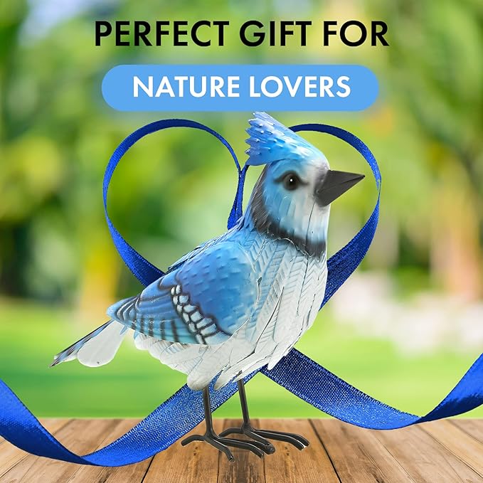 GUTE Blue Jay Metal Bird, Garden Yard Sculpture Art - Large Realistic Standing Blue Bird - Outdoor Fall, Winter, Spring, Summer Decoration - Handmade Bluejay Decor - Perfect and Sympathy Gifts