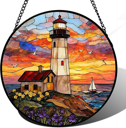 Stained Glass Window Hanging, Ocean Lighthouse Suncatcher for Window Doors Garden Home Decoration, Sunset and Sea Scenery Colorful Glass Panel Ornaments for Women,Men,Wife, Lovers, and Mom 7.8 in