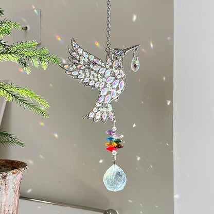 Hanging Silver Hummingbird Suncatcher, Crystal Hummingbird Suncatcher with Rainbow Prisms, Bird Decoration, Home Decoration, Birthday Gift