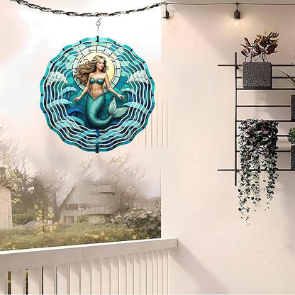 Wind Spinner Outdoor 10 Inch Mermaid Amidst Ocean Waves for Yard and Garden 3D Stainless Steel Wind Sculpture Unique Gift Hanging Spinner Ornament Decoration