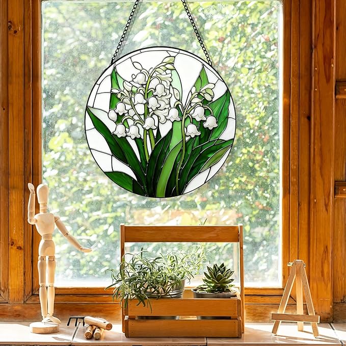 Stained Glass Window Hanging, Spring Lily of The Valley Flower Suncatcher for Window Doors Garden Home Decor, Green Plants Colorful Glass Panel Ornaments for Women,Men,Wife, Lovers, and Mom 7.8 in