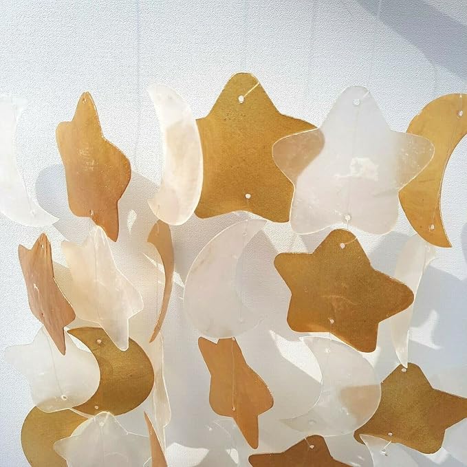 Beautiful and Unique Capiz Shell Wind Chime - Wind Chimes for Outdoors - Colorful and Whimsical Patio Decor - Ocean Decor - Garden Gifts (Moon - Gold Star)