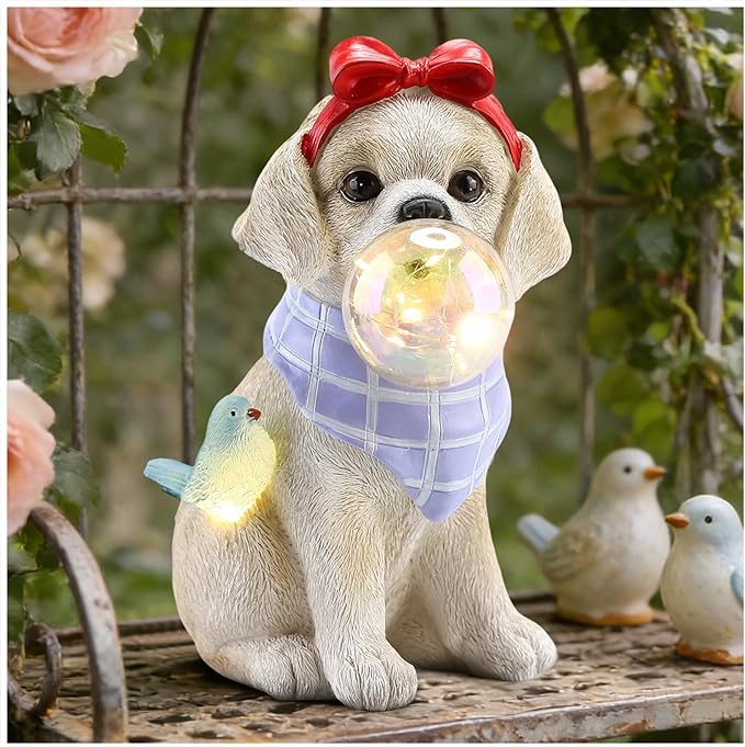 9.4" Solar Dog Garden Statue with Bubble Light, Cute Sitting Puppy Resin Outdoor Decor with Bird Light, Waterproof Solar Powered Animal Statue for Yard, Lawn, Garden