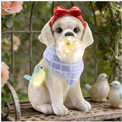 9.4" Solar Dog Garden Statue with Bubble Light, Cute Sitting Puppy Resin Outdoor Decor with Bird Light, Waterproof Solar Powered Animal Statue for Yard, Lawn, Garden
