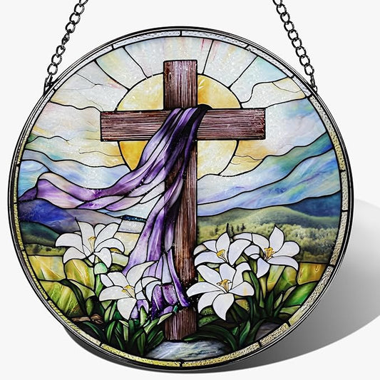 8 Inches Stained Glass Cross Suncatcher, Stained Glass Window Hanging Decor, Religious Cross Ornament, Christian Home Decor, Christian Gift, Religious Gift, Gifts for Christmas